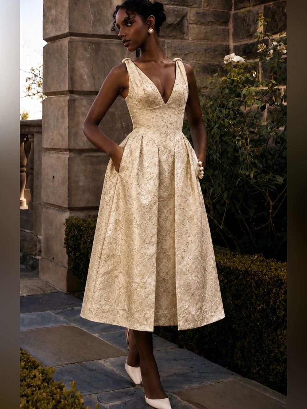 House of cb PALOMA Ivory Metallic Jacquard Midi dress